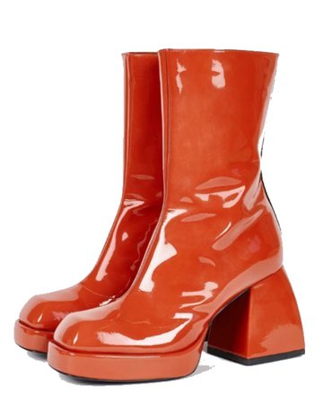 red vinyl wide heel ankle boots