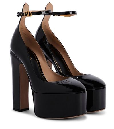 Black Leather Platform Ankle Strap Heels