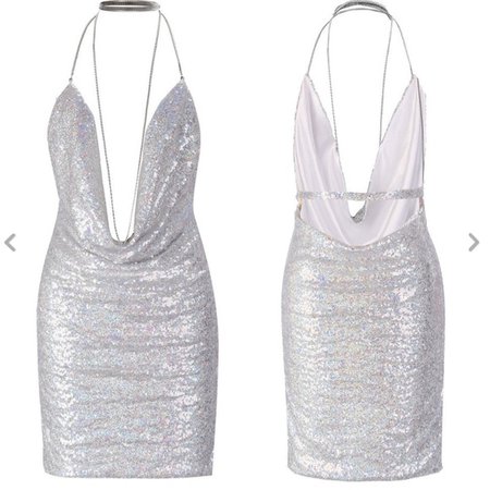 Dresses | Silver Deep V Backless Dress With Chain Necklace | Poshmark
