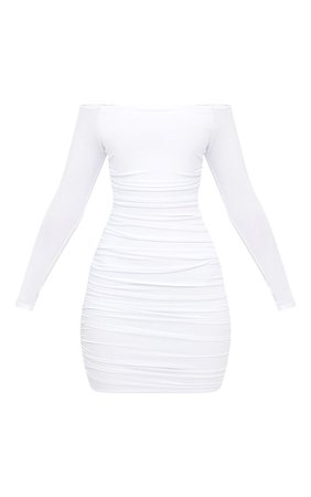 WHITE BARDOT RUCHED BODYCON DRESS