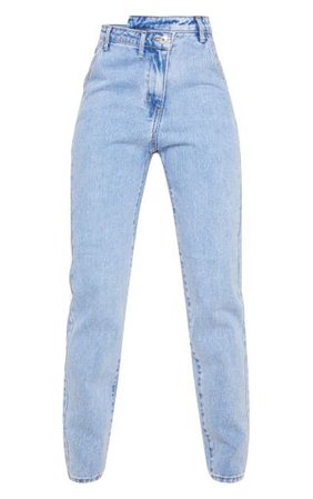 Light Blue Wash Asymmetric Waistband Jeans | PrettyLittleThing