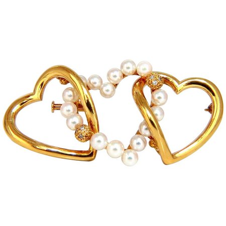 18k Three Heart Love Pearl Diamond Brooch