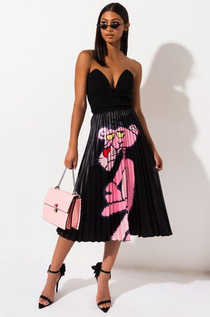 AKIRA Label Pleated Pink Panther Midi Skirt in Blue Multi