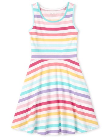 Girls Sleeveless Rainbow Striped Knit Tank Dress