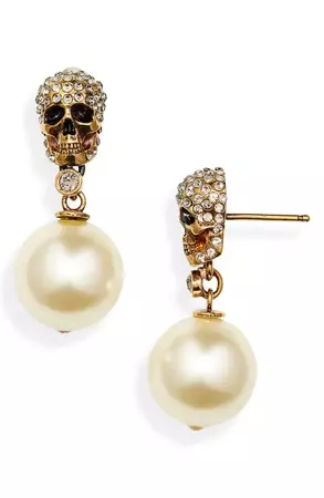 Alexander McQueen Swarovski Crystal Pavé Skull & Imitation Pearl Drop Earrings | Nordstrom
