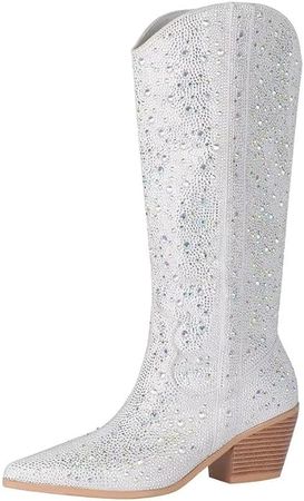 Amazon.com | vimitty Women's Rhinestones Cowboy Boots Sparkly Cowgirl Boots Pointed Toe Block Heel Western Knee High Boots Glitter Cowboy Boots With Side Zipper | Knee-High