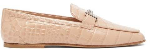 Double T Bar Crocodile Effect Leather Loafers - Womens - Nude