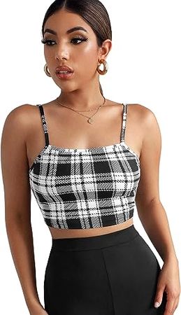 SheIn Women's Sexy Spaghetti Strap Sleeveless Grid Print Crop Cami Tank Top at Amazon Women’s Clothing store