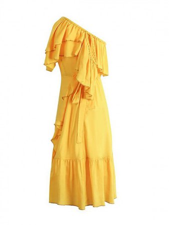 Yellow Off Shoulder Double Layer Ruffle Wrap Tie Side Dress #Chic256602 | WithChic