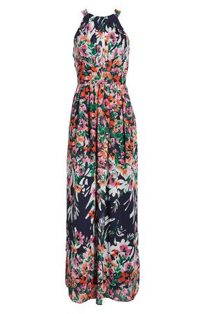 Eliza J Floral Print Chiffon Halter Maxi Dress | Nordstrom