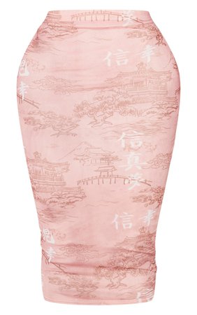 Shape Rose Oriental Printed Mesh Midi Skirt