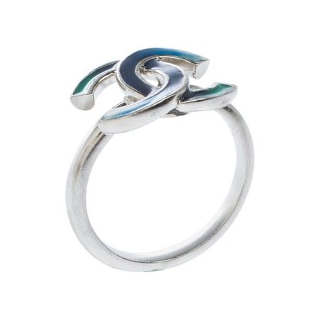 Chanel CC Blue Enamel Silver Tone Ring Size 54 For Sale at 1stDibs