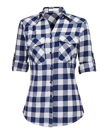 Genhoo Women's Roll Up Long Sleeve Tartan Plaid Collared Button Down Boyfriend Casual Flannel Shirt Top at Amazon Women’s Clothing store