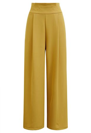 Pleated Waist Straight-Leg Pants in Yellow - Retro, Indie and Unique Fashion