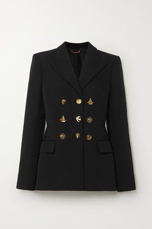 Button-embellished Double-breasted Grain De Poudre Wool Blazer - Black