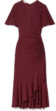 Ruffled Ruched Wrap-effect Jersey Midi Dress - Burgundy