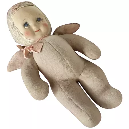 RARE Sweet as Sugar Vintage Plush Doll Pink Angel Wing Fur Baby Molded - Ruby Lane