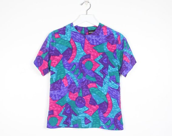 Vintage 1980s Tshirt Teal Purple Pink Mod Abstract Print | Etsy