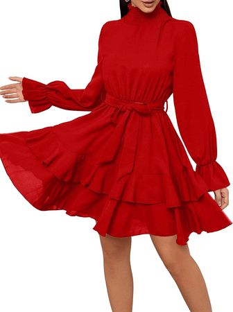 SweatyRocks Women's Elegant High Neck Flounce Sleeve High Waist Ruffle Belted Party Mini Dress at Amazon Women’s Clothing store