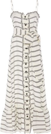 Tie-Detailed Ruffled Striped Voile Maxi Dress