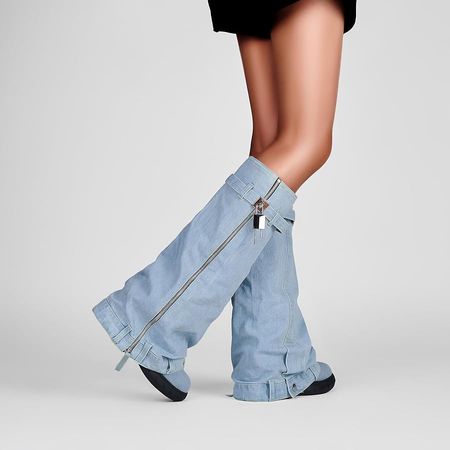 Amazon.com | IMPREMEY Women's Fold Over Knee High Boots Platform Heel Padlock Boot with Zipper Denim Jeans Biker Shoes | Knee-High