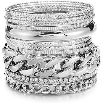 Amazon.com: Ensoul Shiny Silver Color Multiple Textured Metal Bracelets & Bangles Set 14Pcs/Set W/Rhinestones: Clothing, Shoes & Jewelry