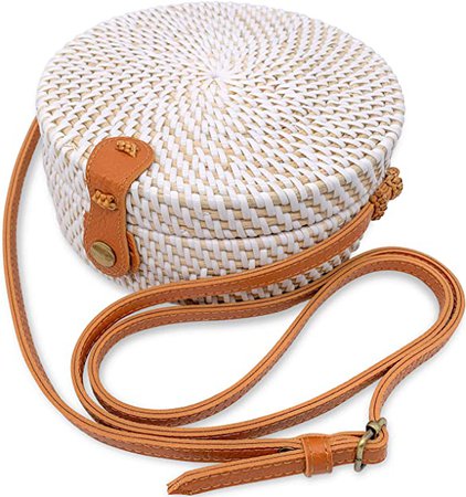 Handmade Straw White Round Rattan Bag Zipper Pouch Adjustable Strap Wicker Purse: Handbags: Amazon.com