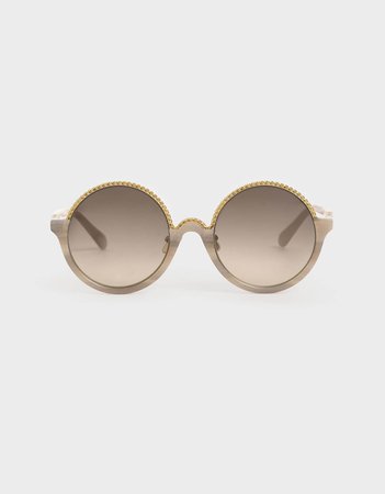 Cream Printed Half Frame Embellished Round Sunglasses | CHARLES & KEITH UK