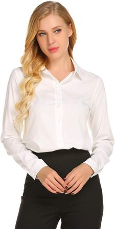 Zeagoo Women's Long Sleeve Casual Polka Dot Button Up Office Blouse Shirt Top, X-Large, Solid White at Amazon Women’s Clothing store