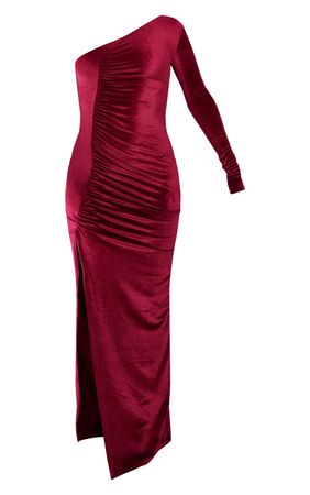 Burgundy Velvet One Shoulder Ruched Split Maxi Dress | PrettyLittleThing USA