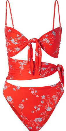 Convertible Knotted Floral-print Swimsuit - Papaya