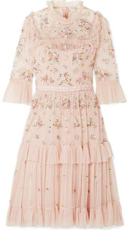 Lustre Tiered Embellished Tulle Dress - Blush