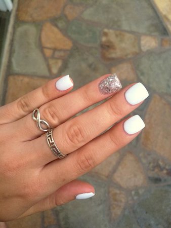 (43) Pinterest - Cute and simple nails for the summer! White nails with one sparkly! #summertime #sparkle #shine #whitenails #onesparkly | Nails