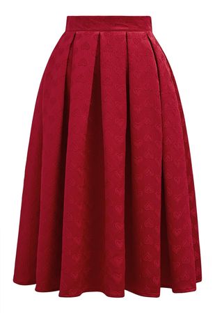 Oppositely Hearts Jacquard Pleated Midi Skirt in Red - Retro, Indie and Unique Fashion