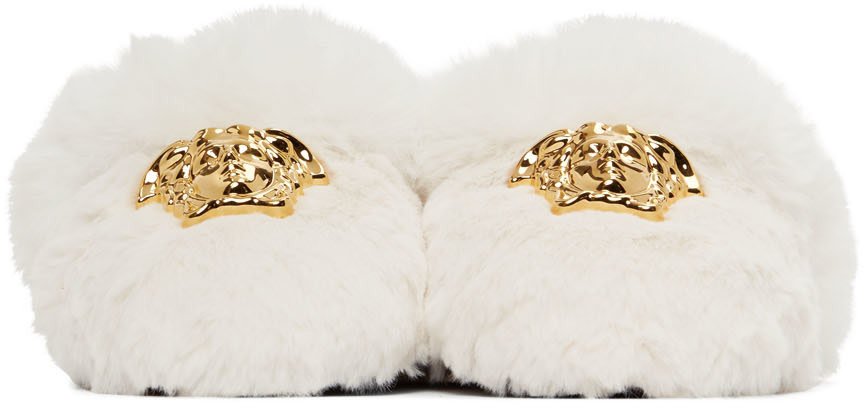 Versace: White Faux-Fur Palazzo Slippers | SSENSE