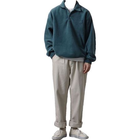 blue green teal collared sweater sweatshirt white gray pants sneakers full outfit png