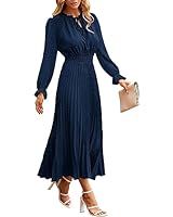 PRETTYGARDEN Women's 2023 Fall Midi Dress Casual Long Sleeve V Neck Swiss Dot Pleated A Line Flowy Dresses at Amazon Women’s Clothing store