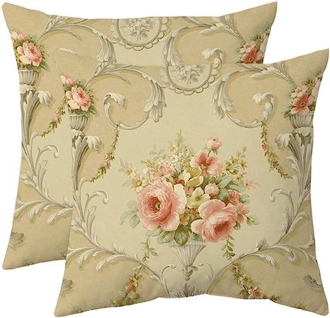 Amazon.com: Vintage Floral Throw Pillow Covers Set of 2 Decorative Rose Art Couch Pillow Cases Farmhouse Shabby Chic Pink Peony Outdoor Cushion Cover for Bedroom Living Room Sofa, 18" x 18", Beige : Everything Else