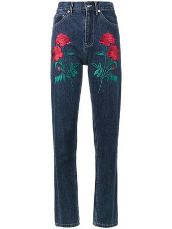 Adam Selman Rodeo rose embroidered jeans