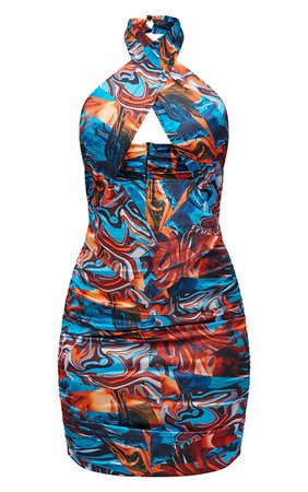 Blue Swirl Satin Cross Front Halterneck Ruched Bodycon Dress | PrettyLittleThing USA