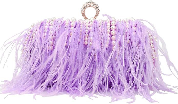 ZAKIA Women's Ostrich Feather Evening Clutch Bag Beads Pearls Purse Wedding Cocktail Birthday Party Shoulder Bag(X-Light purple): Handbags: Amazon.com