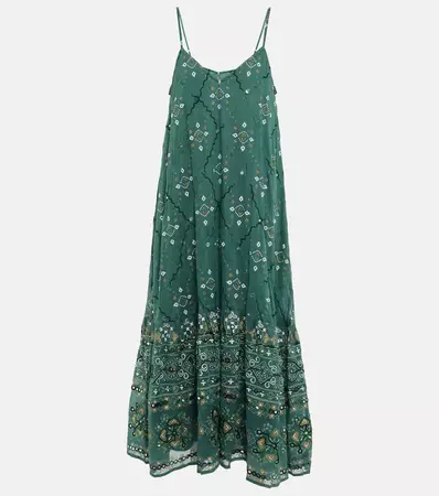 Embellished Printed Cotton Midi Dress in Green - Juliet Dunn | Mytheresa