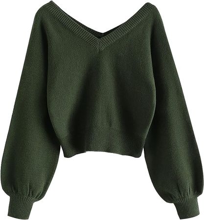 ZAFUL Women's Cropped Sweater V-Neck Long Sleeve Crop Sweater Pullover Jumper Knit Top (1-Green, M) at Amazon Women’s Clothing store