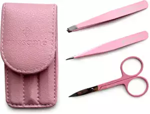 Precision Stainless Steel Eyebrow Tweezers Set In Pointed And Slanted Tip, Curved Brow Scissors, Comes With Pink Travel Case : Beauty & Personal Care