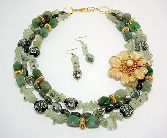 Amazon.com: Olive Green Statement Necklace, Big Bold Chunky Floral Necklace, 3 Piece Set, Asymmetrical Brooch, Multi Strand Artisan Necklace: Handmade