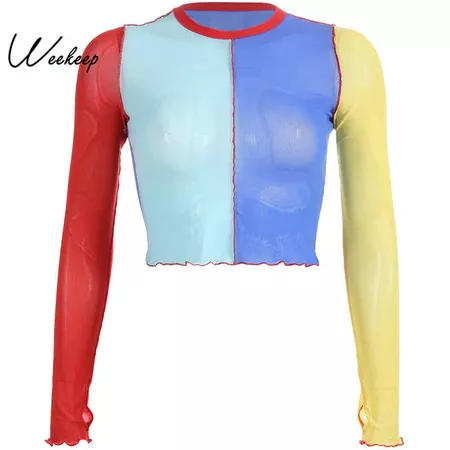 Weekeep Women Mesh Long Sleeve t shirt Sexy Cropped Transparent Patchwork tshirt 2019 Summer Streetwear Bodycon Crop Top Women -in T-Shirts from Women's Clothing on Aliexpress.com | Alibaba Group
