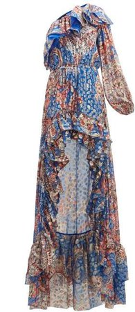 One Shoulder Fil Coupe Silk Blend Gown - Womens - Blue Multi