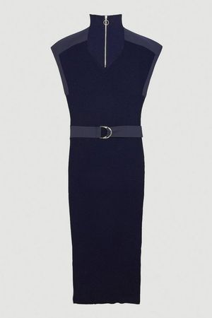 Zip Neck Short Sleeve Belted Midi Dress | Karen Millen
