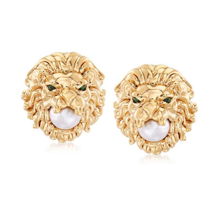 7-7.5mm Cultured Pearl Lion Head Earrings with Emerald Accents in 14kt Yellow Gold | Ross-Simons