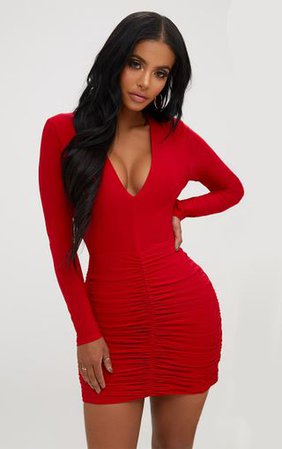 Shape Red Slinky Ruched Mini Dress . PLT Shape | PrettyLittleThing